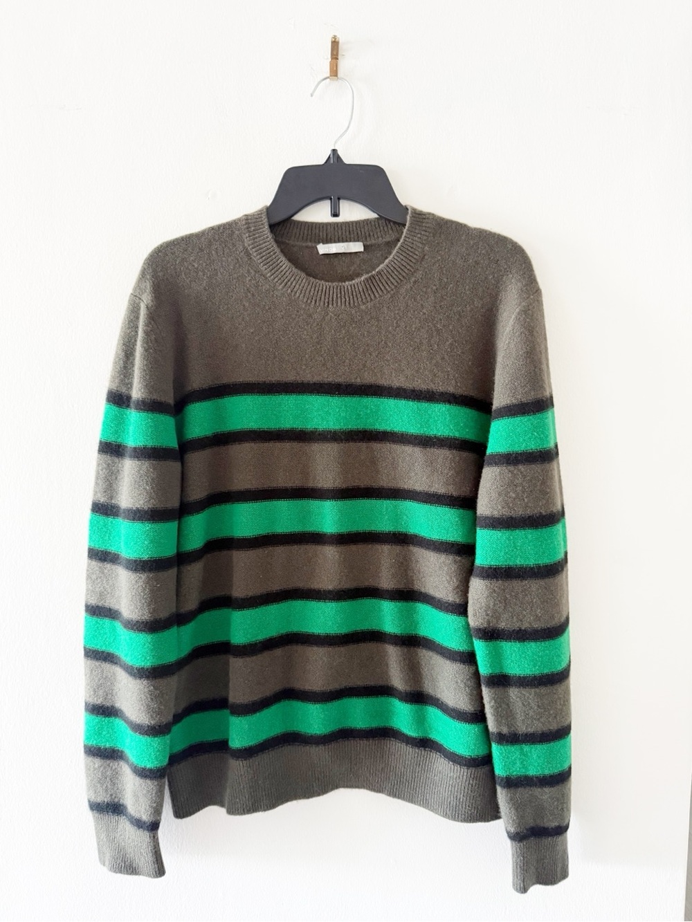 Vince Men's 100% Cashmere Green Striped Crewneck Sweater